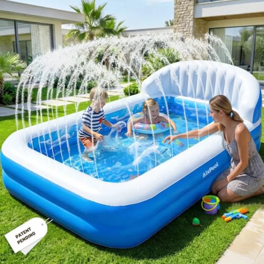 2026 AixPool Inflatable Pool with Sprinkler, Durable Blow-up Pool with Big Backrest, Rectangle Pool Backyard, Swimming Pool, Small Infl
