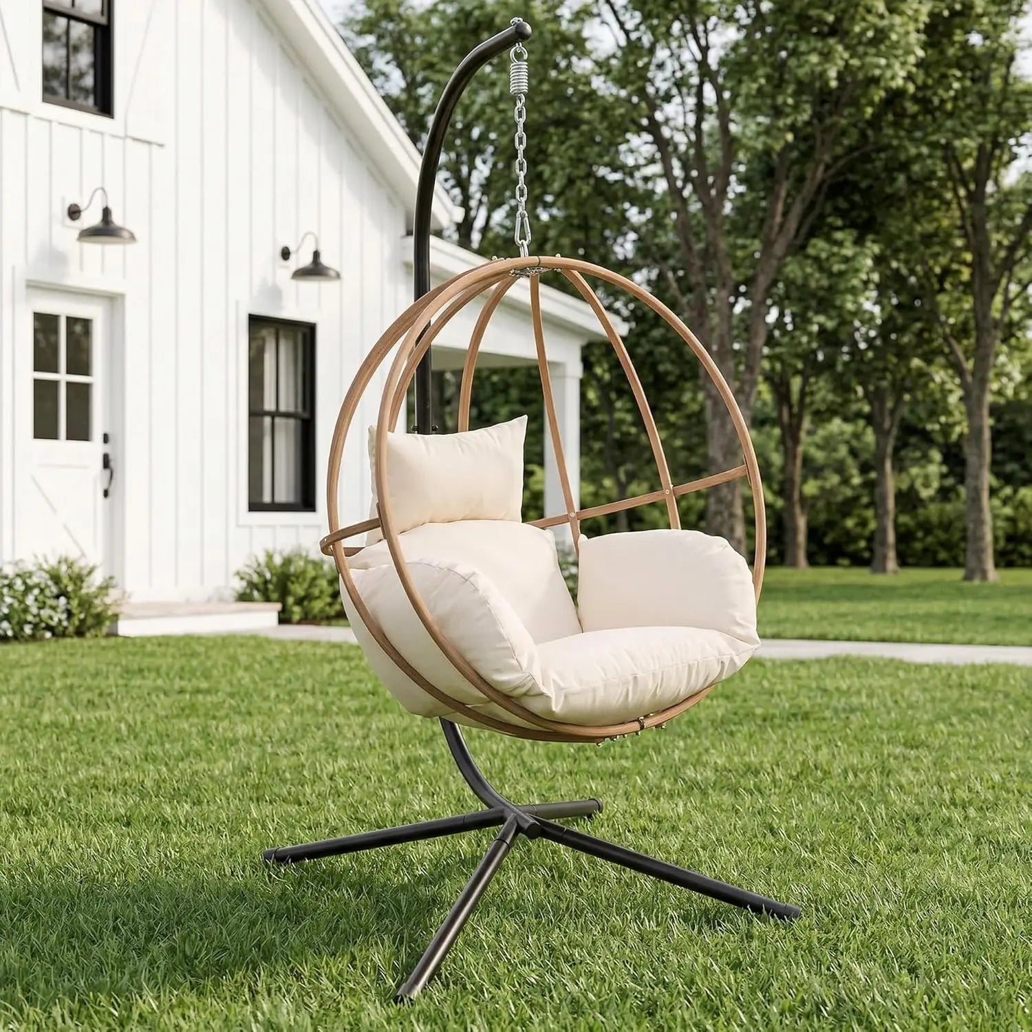 Double Egg Hanging Swing Chair with Stand Cushions Headrest 80"H Metal Basket for Indoor Outdoor Patio Deck Brown, Customized