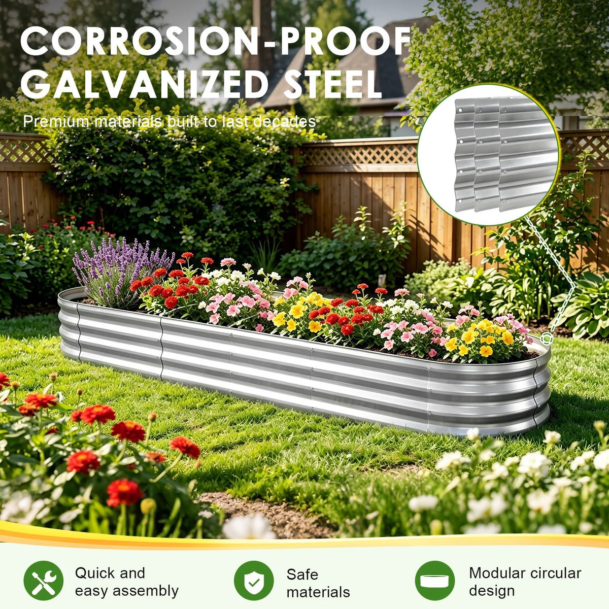 Galvanized Raised Garden Bed Outdoor, Large Raised Bed for Gardening, 8x2x1FT Metal Planter Box for Vegetables, Fruits, Flowers, Easy Assembly with Wing Nuts & Safe Rolled Design Silver/Light Green