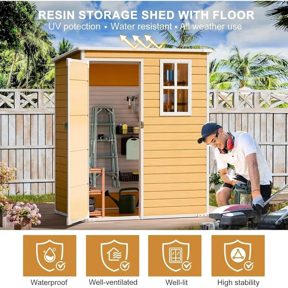 Durable 5x3 Resin Storage Shed with Floor & Windows, Weatherproof Outdoor Kit for Tools and Garden