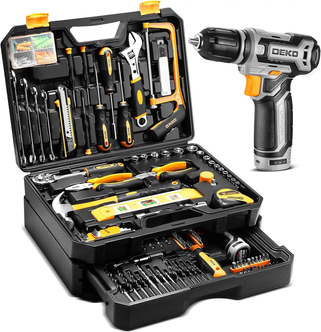 DEKO Home Mechanic Toolbox, 12V Power Cordless Drill, Hand Repair Tools Set, Molded Toolbox W/Drawer