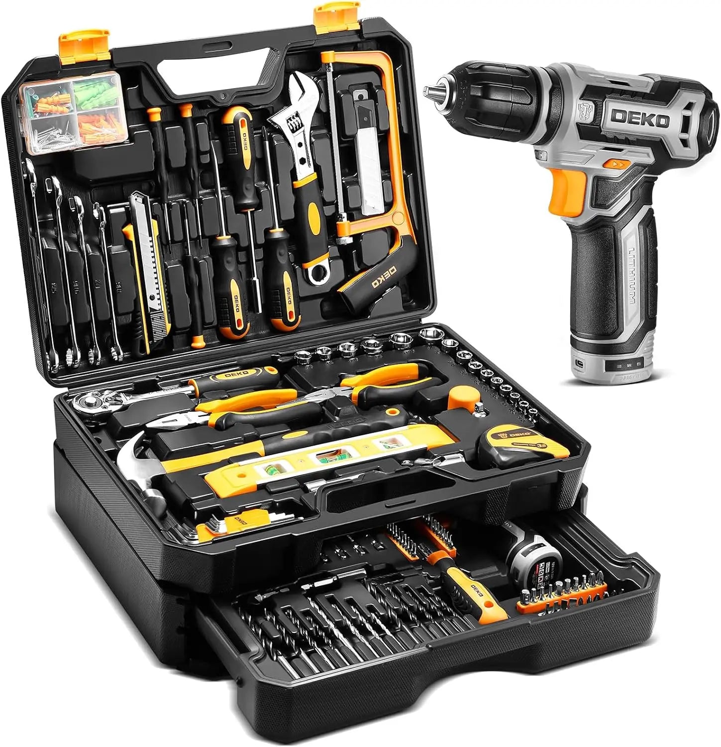 DEKO Home Mechanic Toolbox, 12V Power Cordless Drill, Hand Repair Tools Set, Molded Toolbox W/Drawer