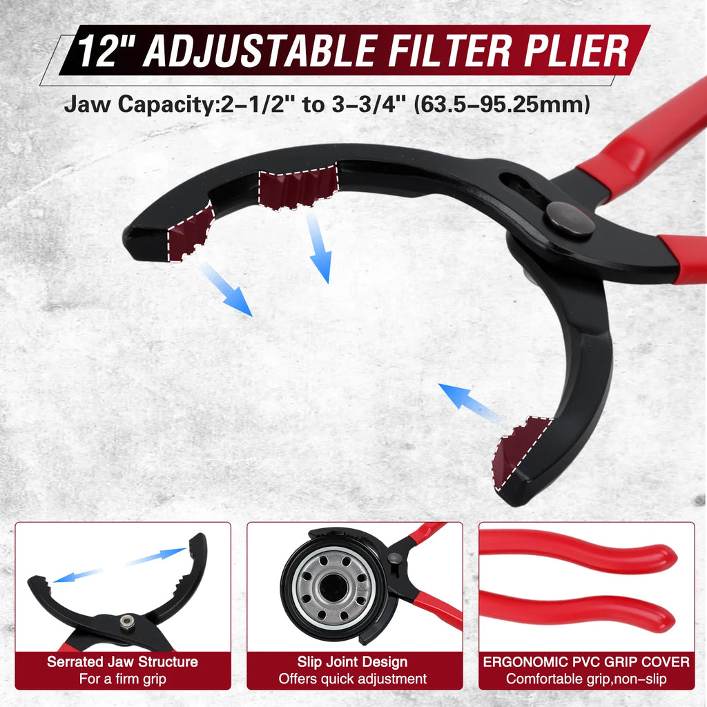 Nilight Swivel Oil Filter Wrench Set, Adjustable Pliers and 3-Jaw Tool, Professional Removal Tools Kit Fits 2-1/2 to 6 Inch Filters for Auto Repair, Car, Truck Maintenance