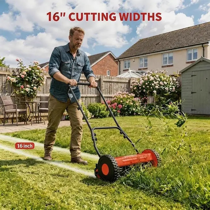 16" Push Lawn Mower, Manual Hand Push Lawn Mower Without Grass Catcher, Red Portable Walk-Behind Mower for Yards, Garden