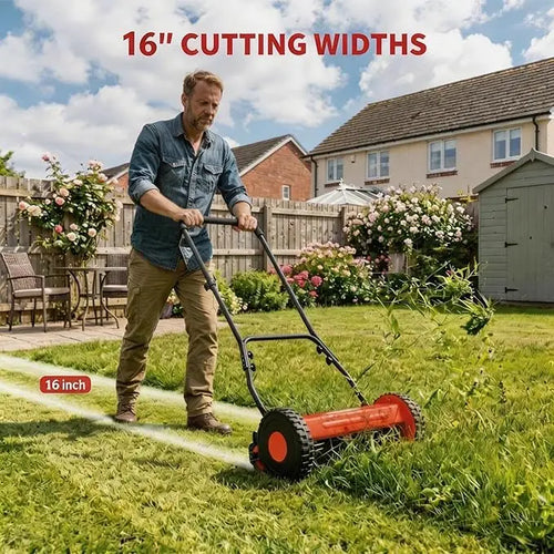 16" Push Lawn Mower, Manual Hand Push Lawn Mower Without Grass Catcher, Red Portable Walk-Behind Mower for Yards, Garden