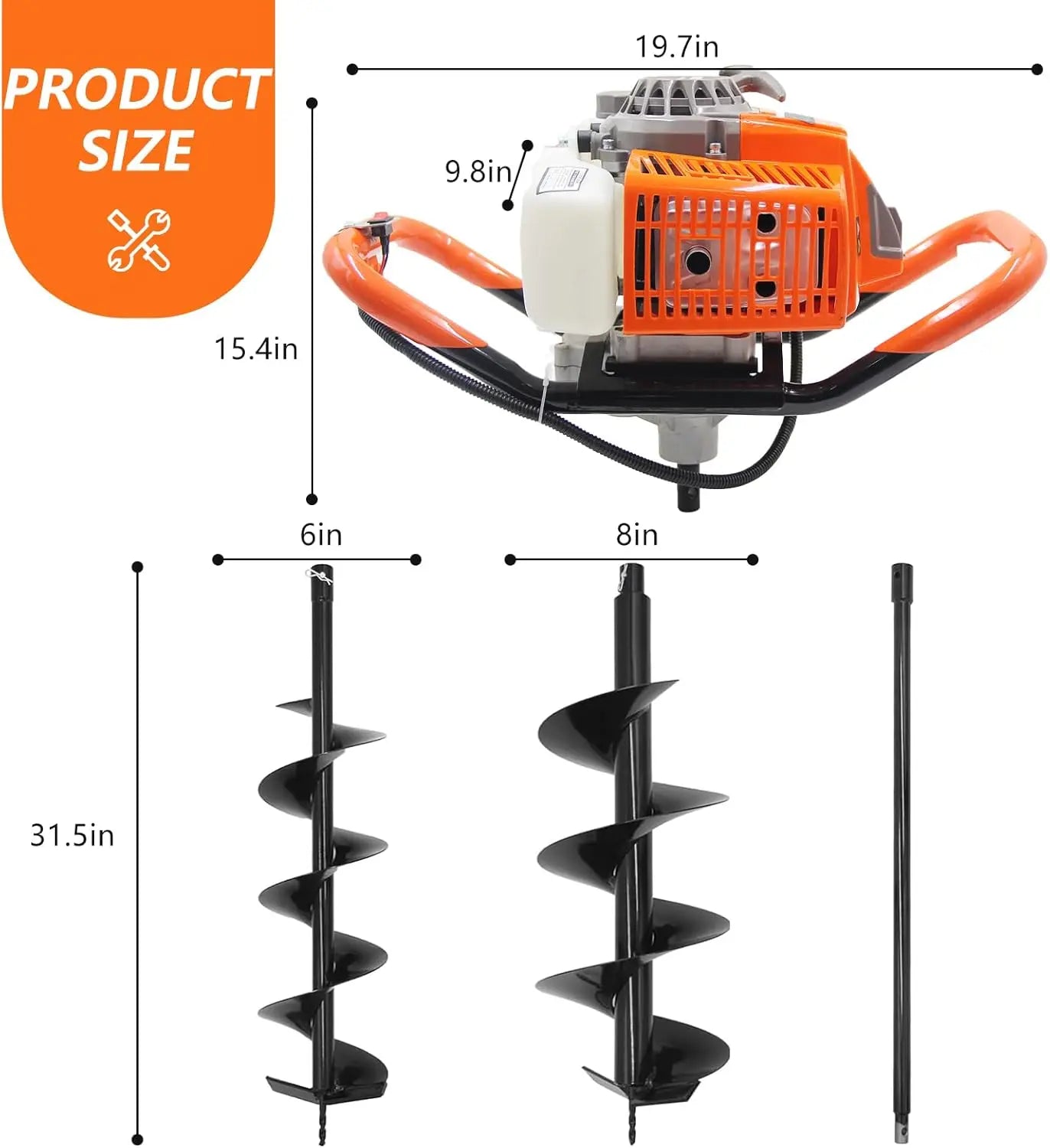 72CC Auger Post Hole Digger, 2 Stroke, Gas Powered, 2 Drill Bits 6" & 8", Plus 1 Extension Rod