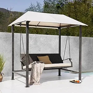 Grand Patio 3-Seat Patio Swing Chair, Outdoor Porch Swing with Canopy, Removable Cushion for Patio Garden Poolside, Beige