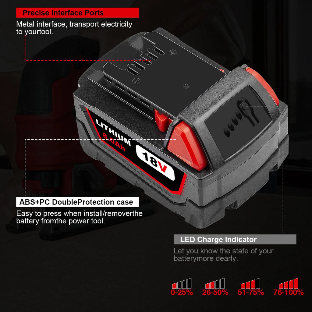 Upgraded High Capacity 8.0Ah 18V Lithium-ion Replacement Batteries, 2-Pack, Professional Grade. Suitable for 18V Cordless Power Tools, Compatible with Models 48-11-1865, 48-11-1850, 48-11-1860, 48-11-1865, 48-11-185248, 48-11