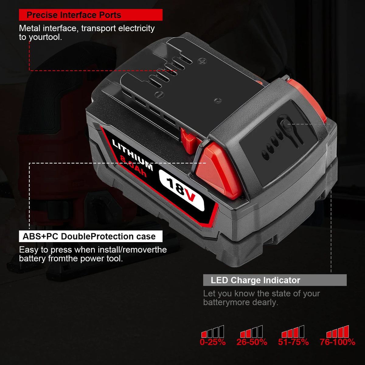 Upgraded High Capacity 8.0Ah 18V Lithium-ion Replacement Batteries, 2-Pack, Professional Grade. Suitable for 18V Cordless Power Tools, Compatible with Models 48-11-1865, 48-11-1850, 48-11-1860, 48-11-1865, 48-11-185248, 48-11