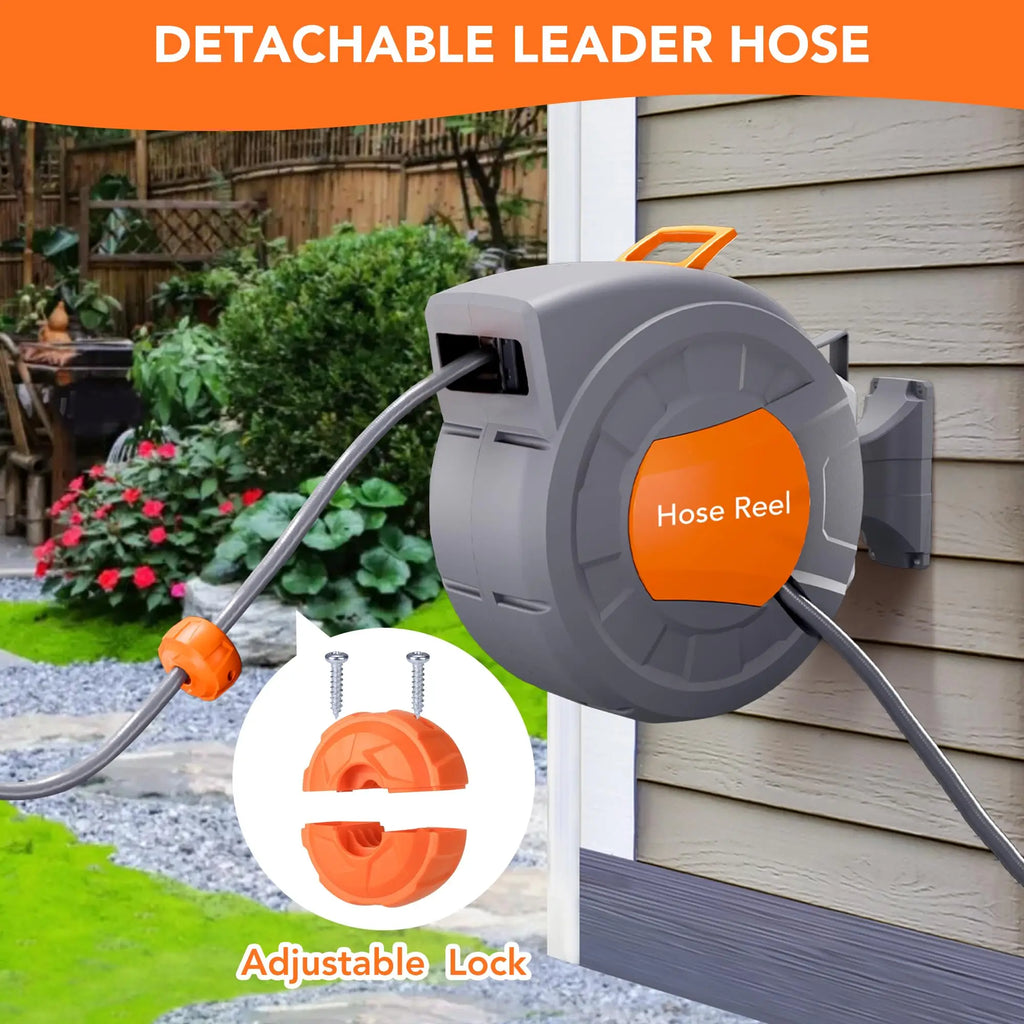 HiMiss Wall Mounted Retractable Garden Hose Reel, 1/2 in X 72/100 ft, Auto Slow Rewind, 180° Swivel, 9-Function Nozzle, Any Length Lock