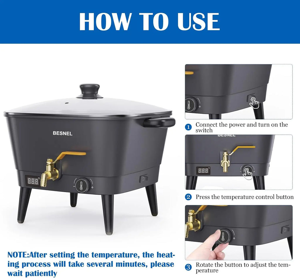 Besnel Wax Melter for Candle Making, Electric Non-Stick Wax Melter Holds 8Qts of Wax, Soy Wax for or Soap Business Candle Making with Heat Resistant Handle & Brass Spout, Temp Control (Black)