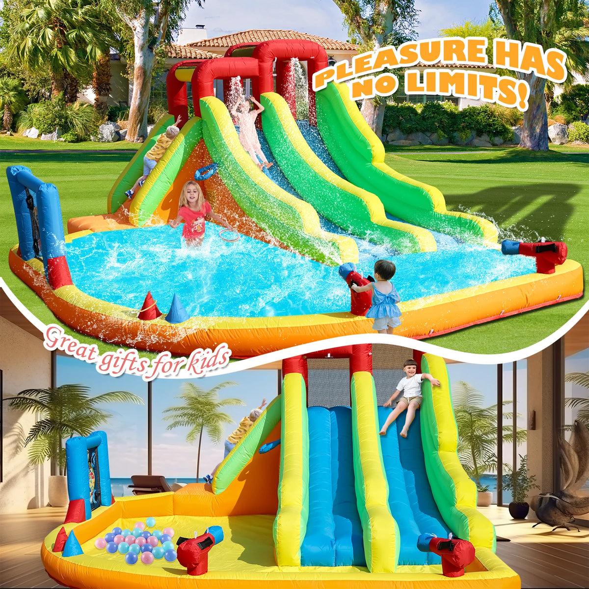 Giant Inflatable Dual Lane Water Slide with Splash Pool Wet/Dry Combo Water Cannons Backyard Family Party 580x350x250cm