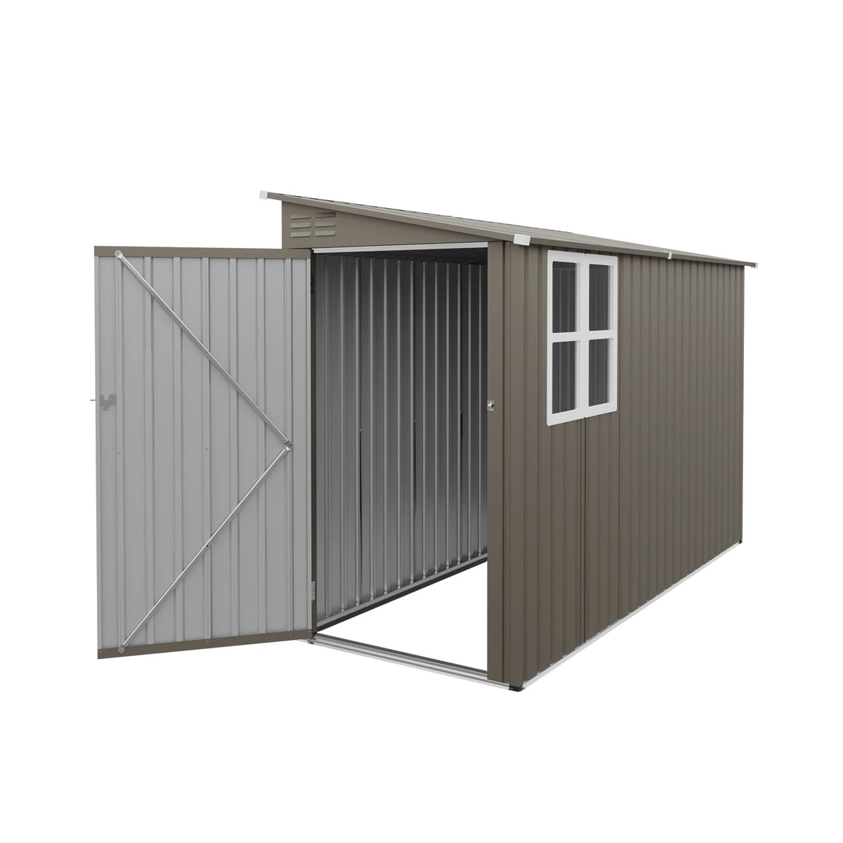 4x9FT Olive Grey Metal Storage Shed, Galvanized Steel Tool House with Window & Thick Frame, Outdoor Garden Equipment Organizer for Backyard