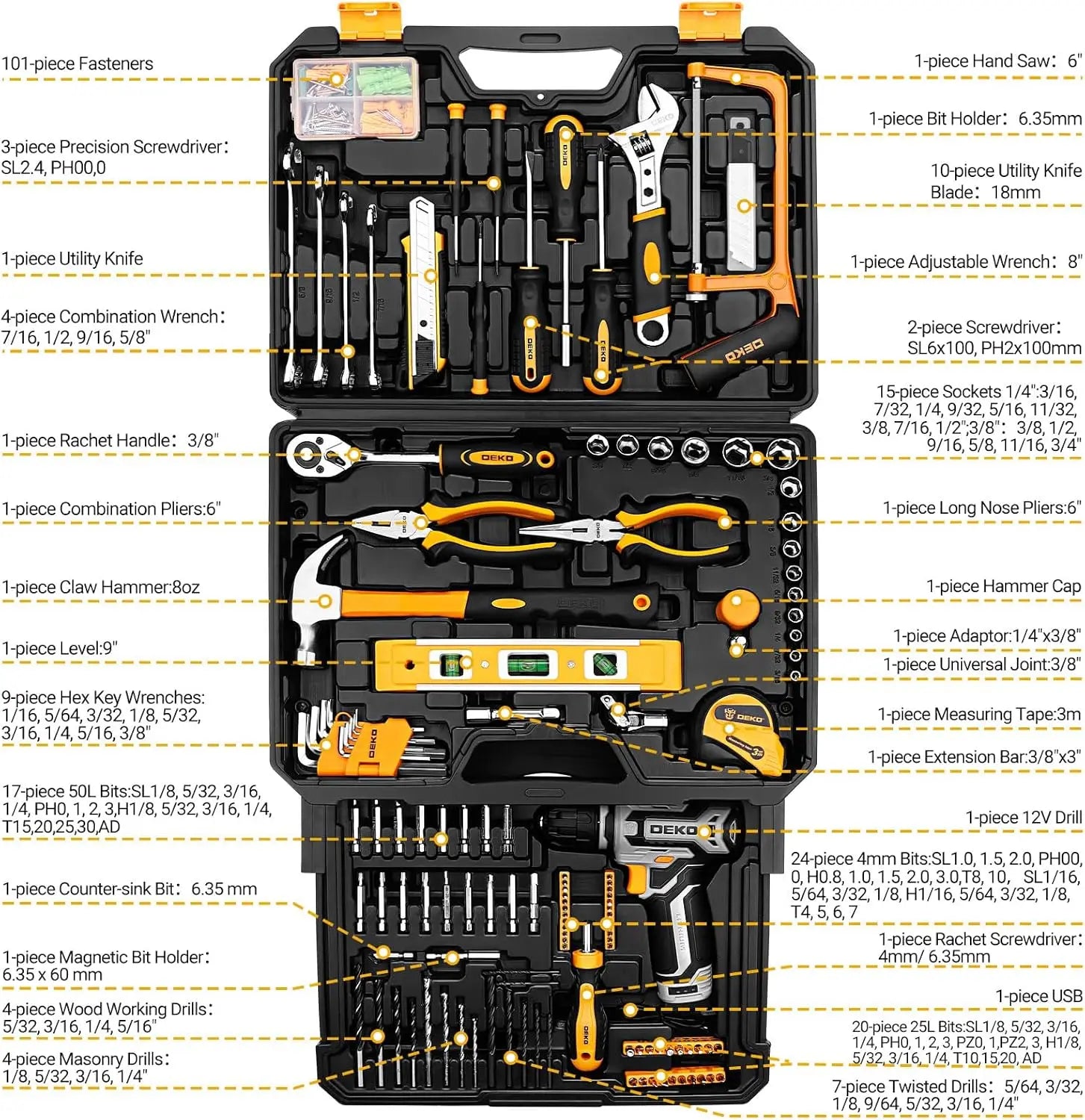 DEKO Home Mechanic Toolbox, 12V Power Cordless Drill, Hand Repair Tools Set, Molded Toolbox W/Drawer