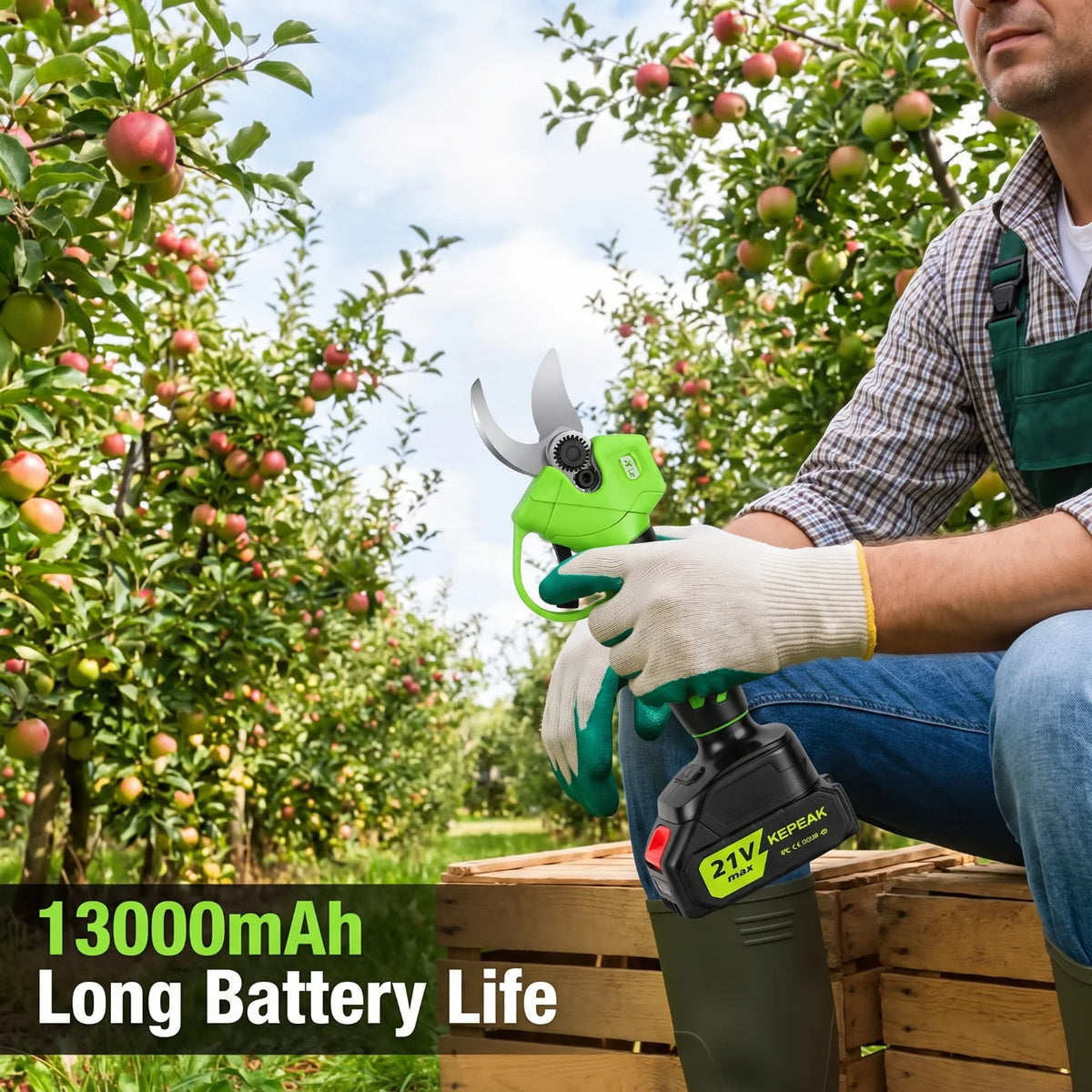 Kepeak Green Cordless Electric Pruner Tree Branch Cutter SK5 Sharp Blade 1.18 Inch Cut 10 Cells Two Batteries One Charger 13000mAh Rechargeable Battery 60 Min Fast Charging Lightweight Ergonomic For Orchard Garden Farm Prunin
