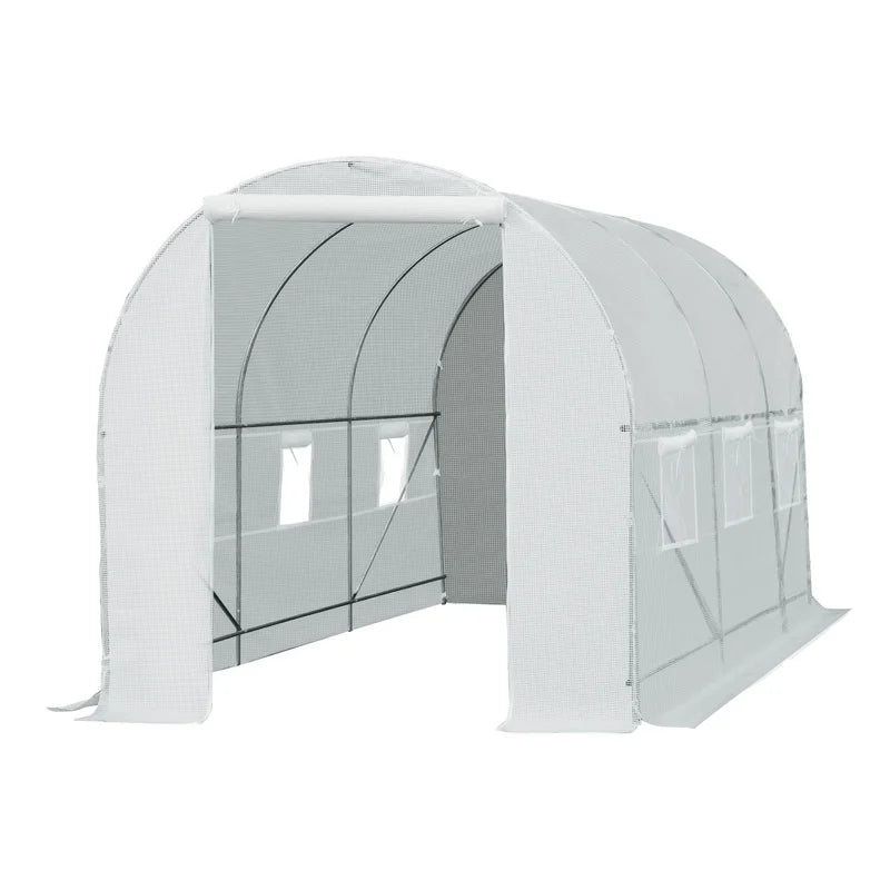 Outsunny 15' x 7' Walk-In Tunnel Greenhouse Kit with 6 Roll-Up Windows, Roll-Up Door, Steel Frame, White