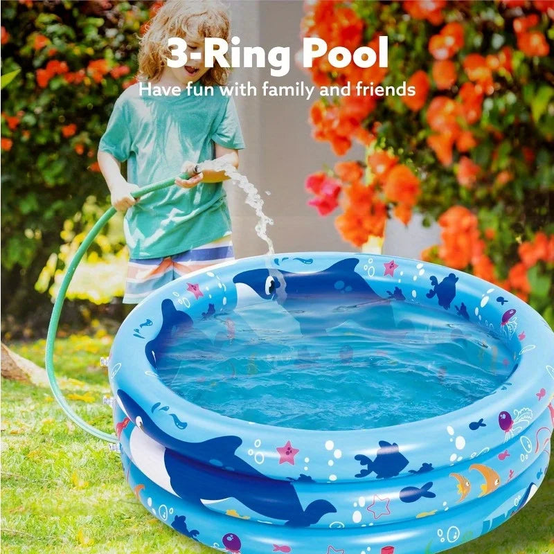Joyfy Inflatable Kiddie Pool, 34"x10" Blow Up Kid Swimming Pool, 3 Rings Blue Baby Pool for Kids, Summer Water Party Swimming Pool