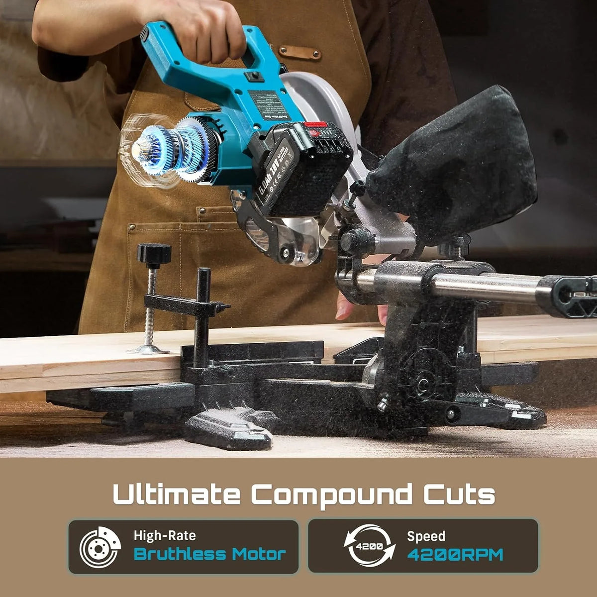 SEESII 8-Inch Sliding Compound Miter Saw Cordless Power Miter Saw with Laser Guide 2 pcs 5000 mAh Batteries Single Bevel 45° 24T TCT Blade Max Cut 2.5×12-inch Ideal for DIY & Woodworking