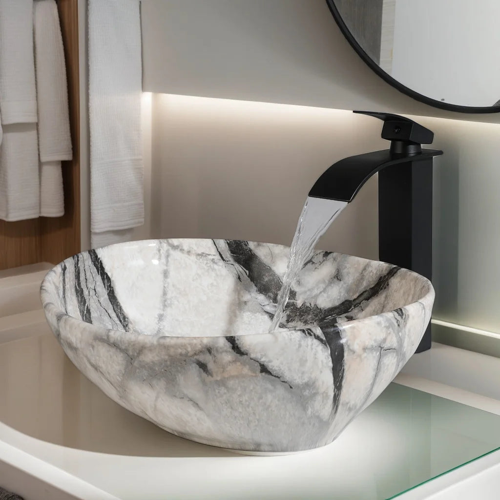 ZAPPO Artistic Marble Pattern Ceramic Sink Set, Black Matte Faucet Combo, Modern Bathroom Above-Counter Basin.