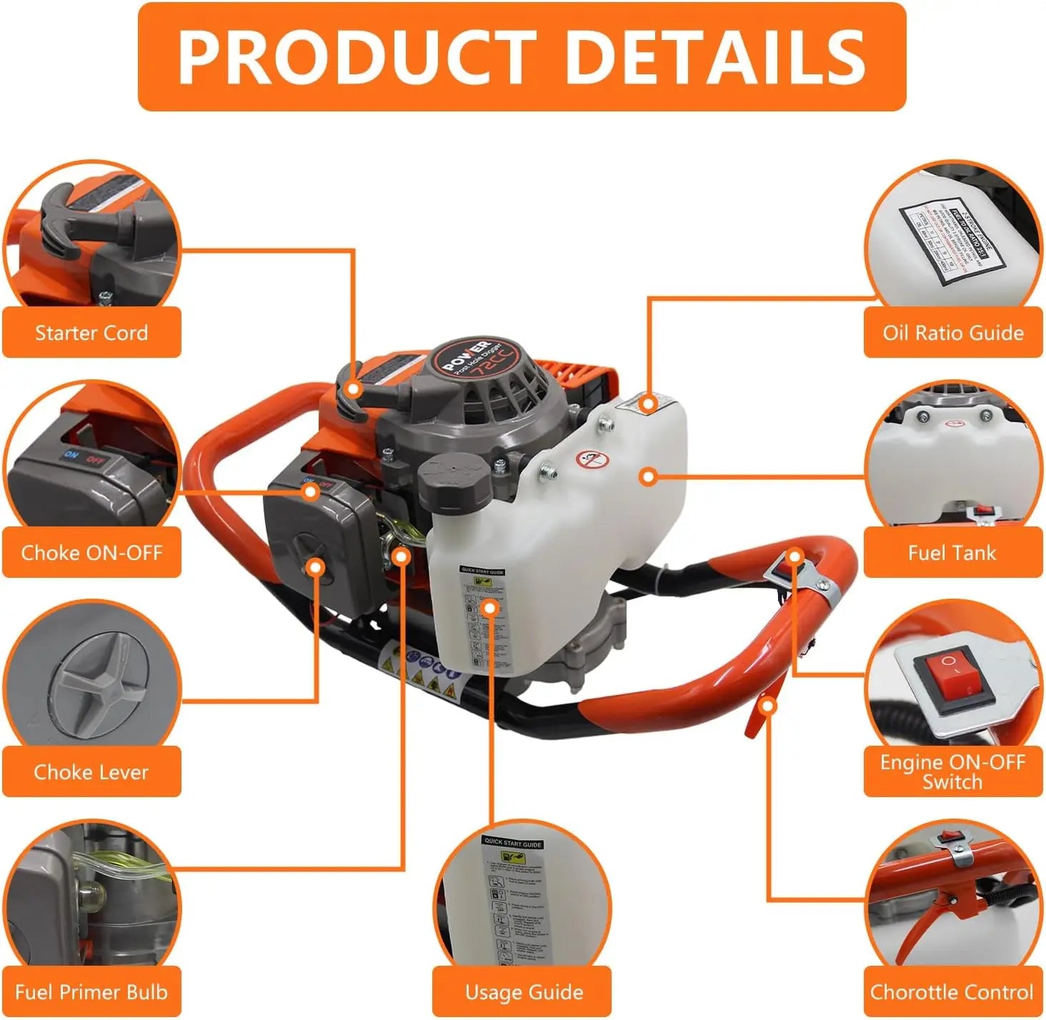 72CC Auger Post Hole Digger, 2 Stroke, Gas Powered, 2 Drill Bits 6" & 8", Plus 1 Extension Rod