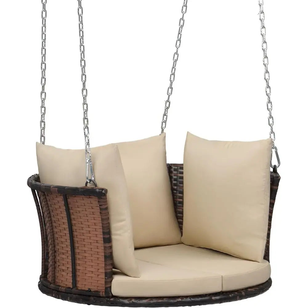 2.4 T 1-Person Use Round Rattan Porch Swing Outdoor Support 440 LBS with Cushions & Adjustable Chains, Patio Wicker Swing