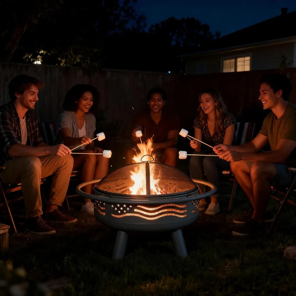32 Inch American Flag Fire Pit, Firepit with Mesh Cover & Poker, Outdoor Metal Wood Burning Firepit, Firepit for Patio Garden Backyard