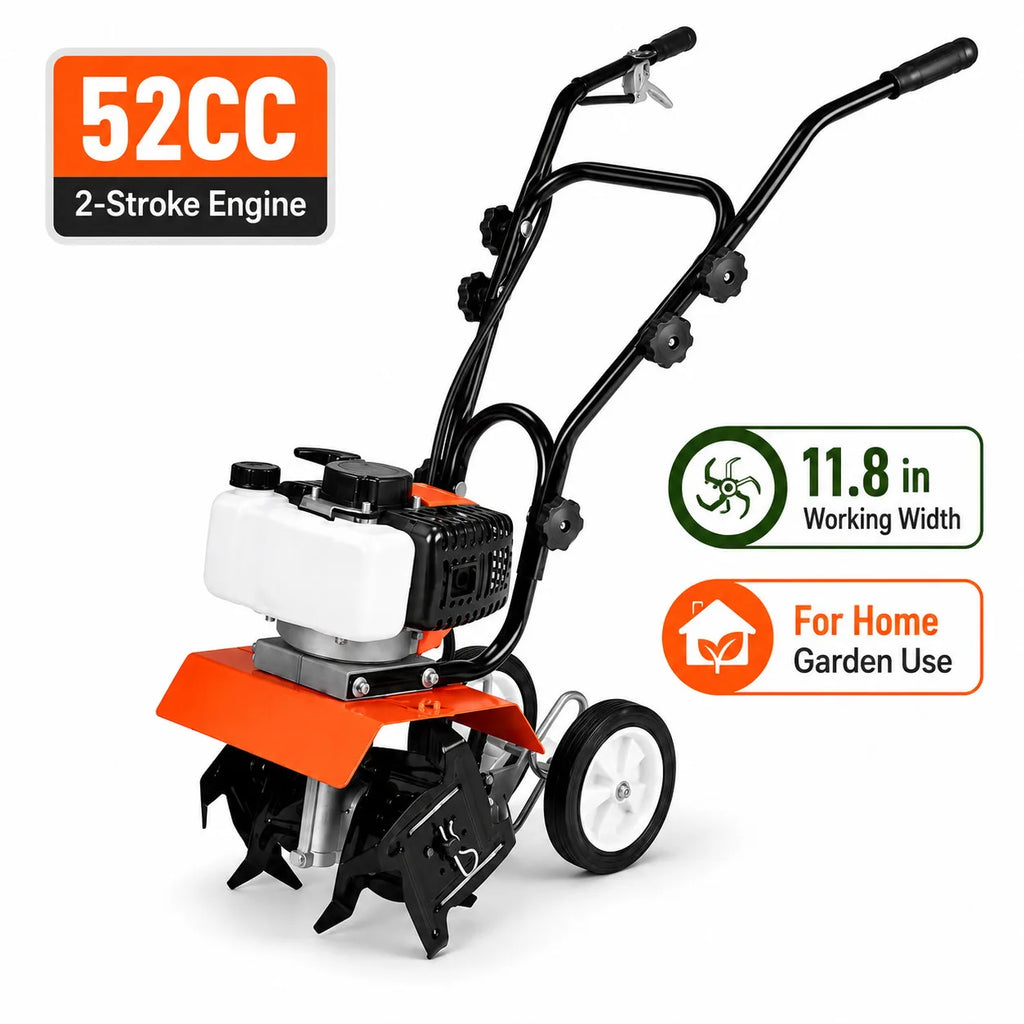 52CC Gas Powered Tiller Cultivator 2 Stroke Engine Garden Rototiller with Adjustable Steel Tines 11.8 Inch Working Width Soil Cultivator for Vegetable Garden Flower Bed Yard Field Farming