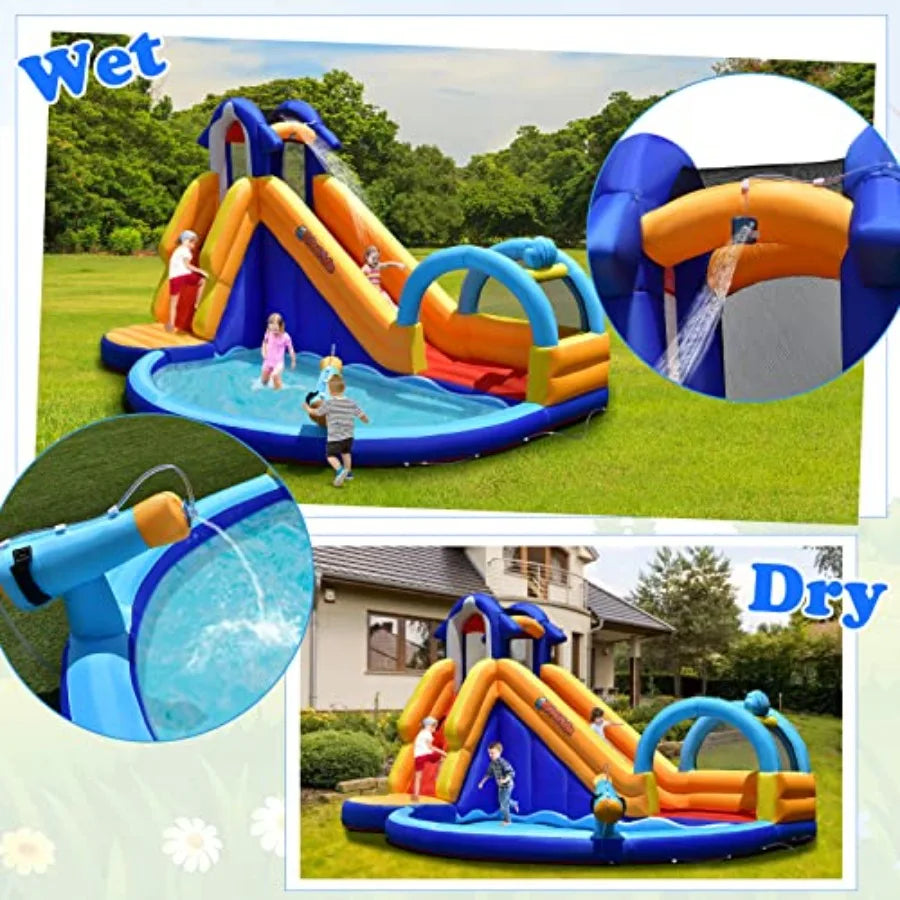 OlaKids Outdoor inflatable water slide for backyard use PVC material blue and gray 14FT x 10FT x 8.5FT shark theme with splash pool, stairs & water cannon