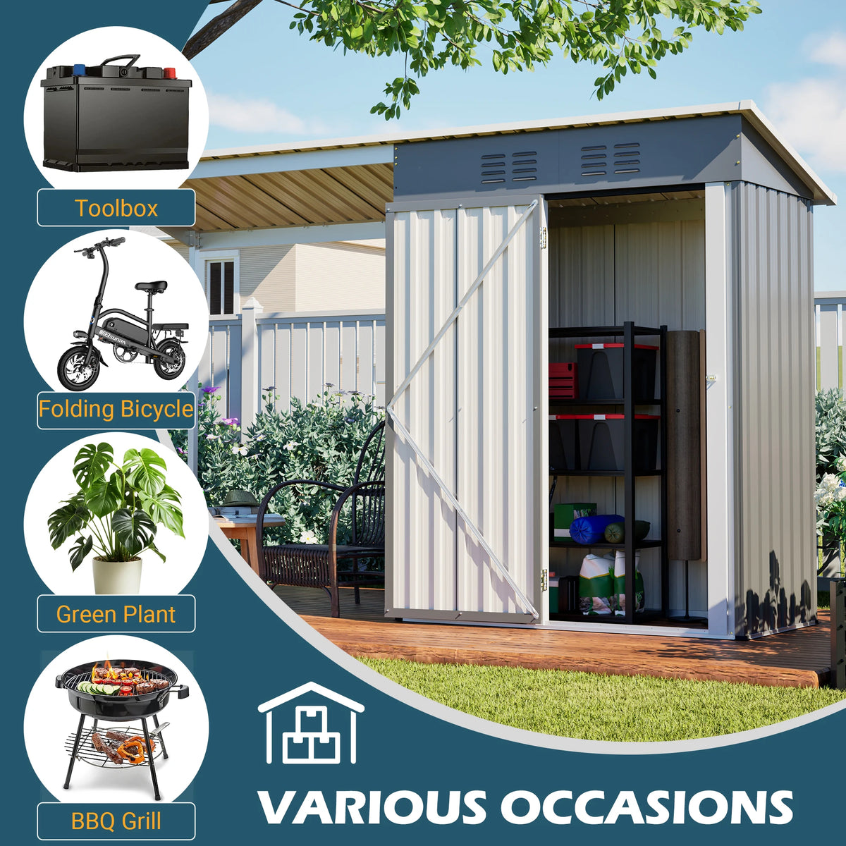 Thanaddo 5x3 FT Metal Outdoor Storage Shed with Attached Hardtop Pergola, Lockable Double Door Garden Tool House with 2 Air Vents, Sloped Weatherproof Roof