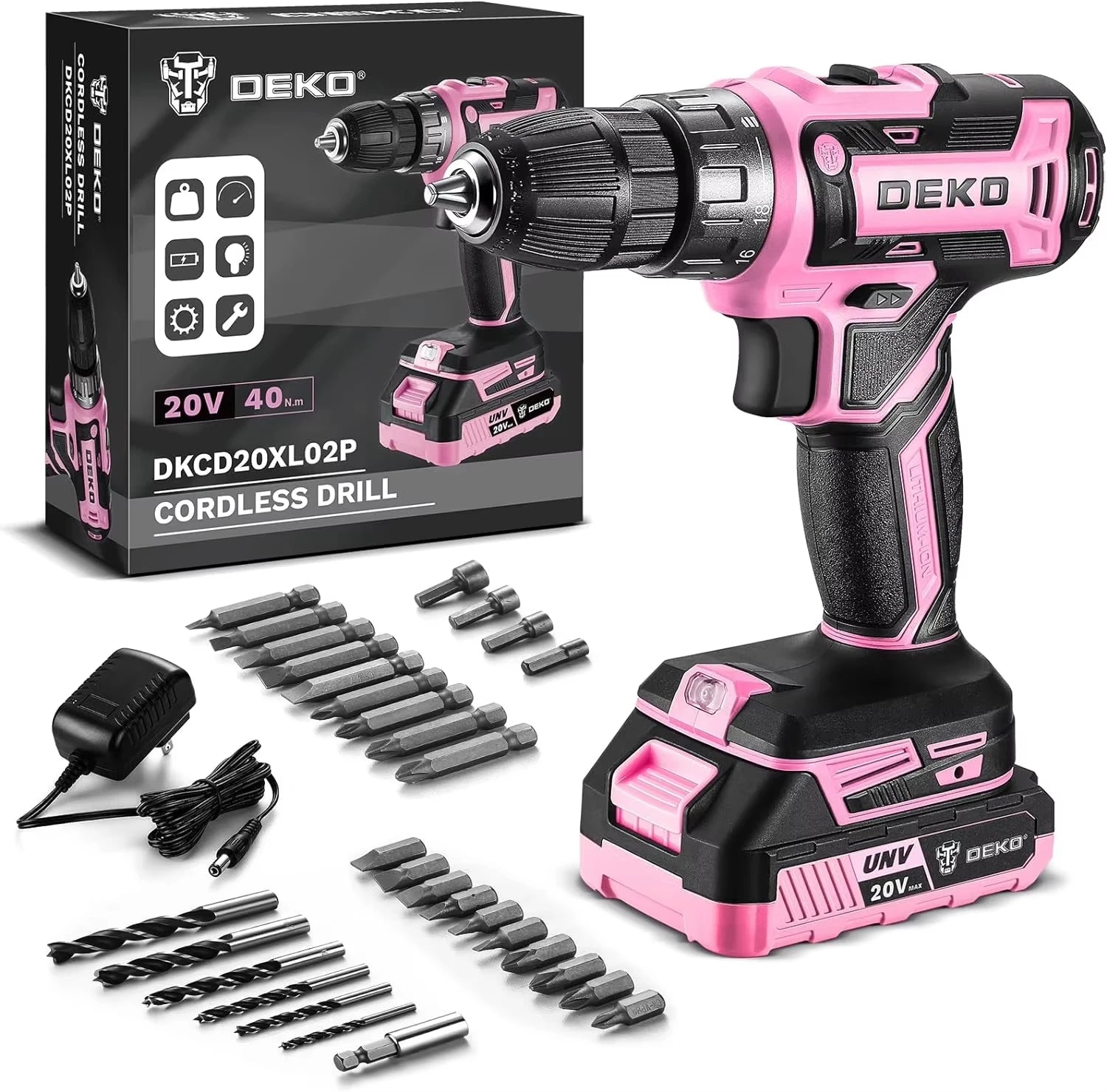 DEKO 20V Women's Cordless Drill with Battery and Charger 20V Drill Driver Kit Suitable for Woodworking Household Tools