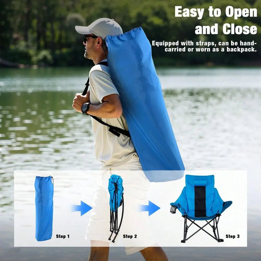 Folding Rocking Camping Chair For Adults Portable Oversized Heavy-Duty Design With Built-in Cup Holder, Cooler Bag Side Pocket