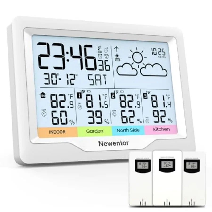 Weather Station Wireless Indoor Outdoor Multiple Sensors, Digital Atomic Clock Weather Thermometer, Temperature and Humidity Mo