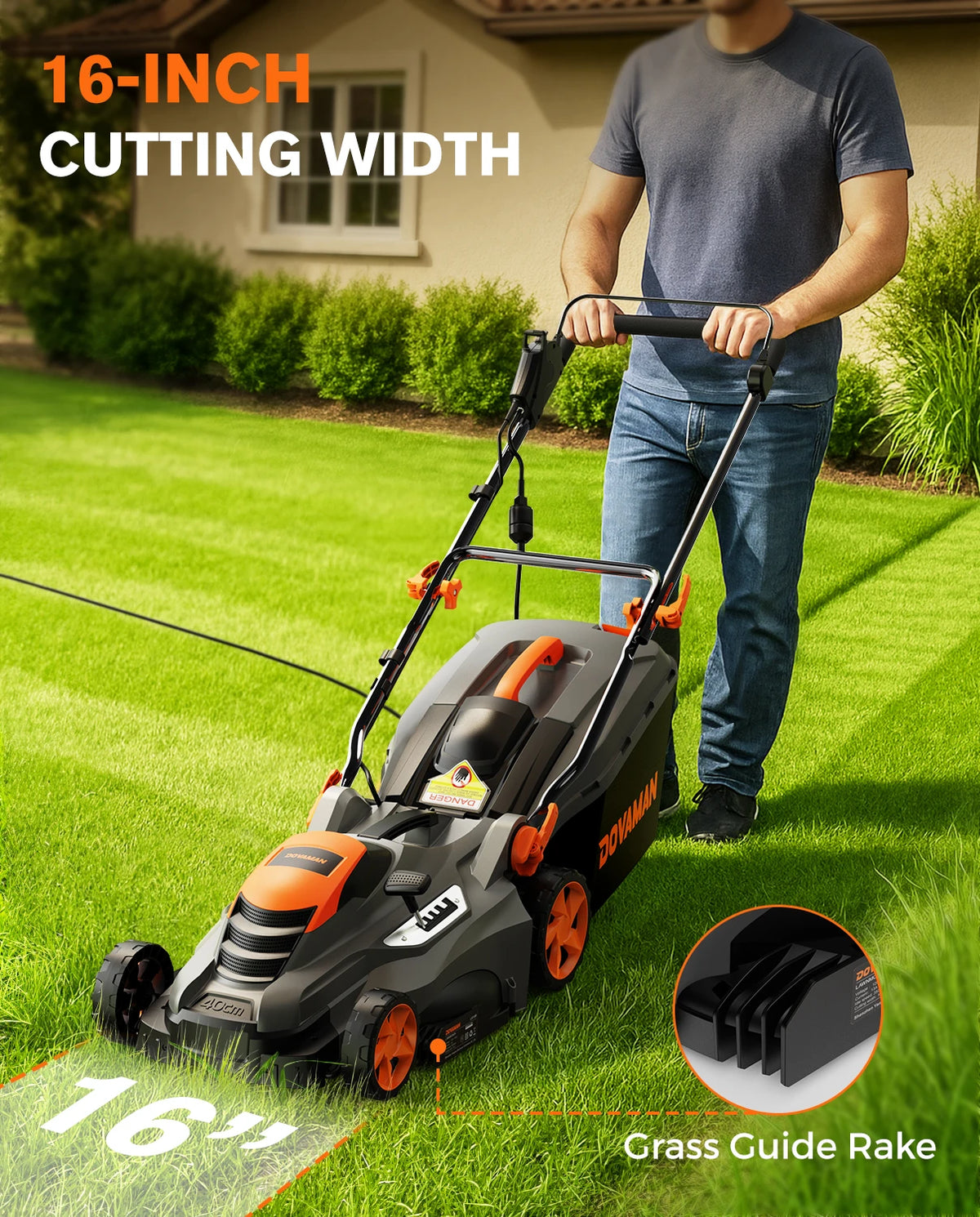 DOVAMAN 13Amp Corded Lawn Mower, 16" Steel Blade, 98% Grass Collection, Single-Lever Height Adjust, 2-in-1 Mulching & Bagging