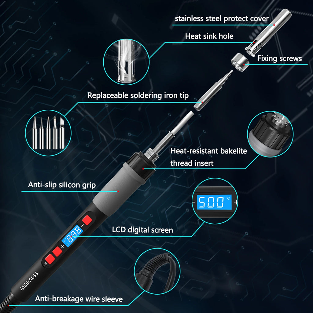 Soldering Iron Kit, 90W Soldering Iron Pen with Adjustable Temperature, LCD Display, ON/OFF Switch, 5 Tips, Solder Wire
