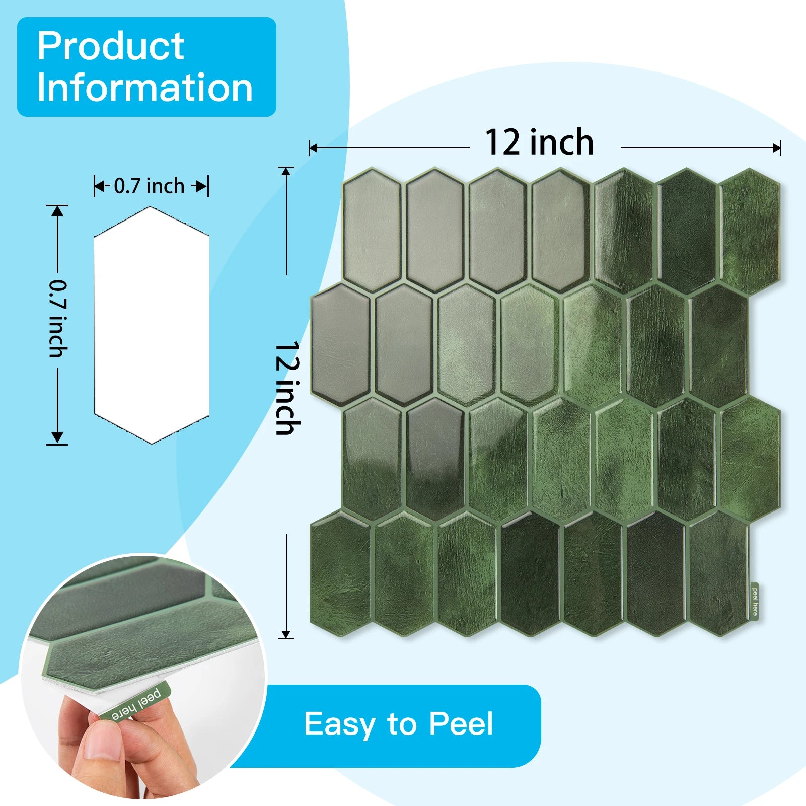 Peel And Stick Backsplash, 10-Pack, Vinyl, Deep Green