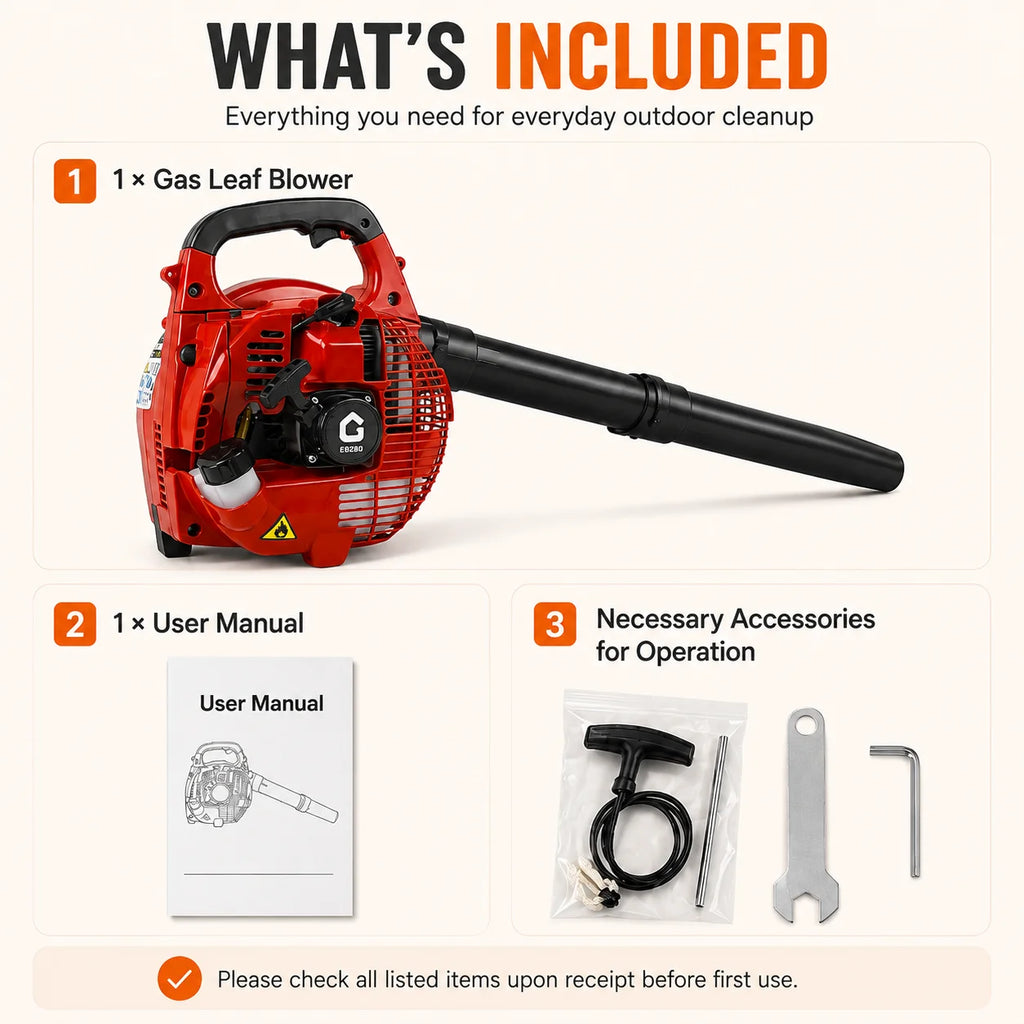 28CC Gas Leaf Blower Handheld 2 Stroke Engine 490CFM 280MPH High Airflow Lightweight Lawn Blower for Yard Garden Driveway Patio Debris Cleaning