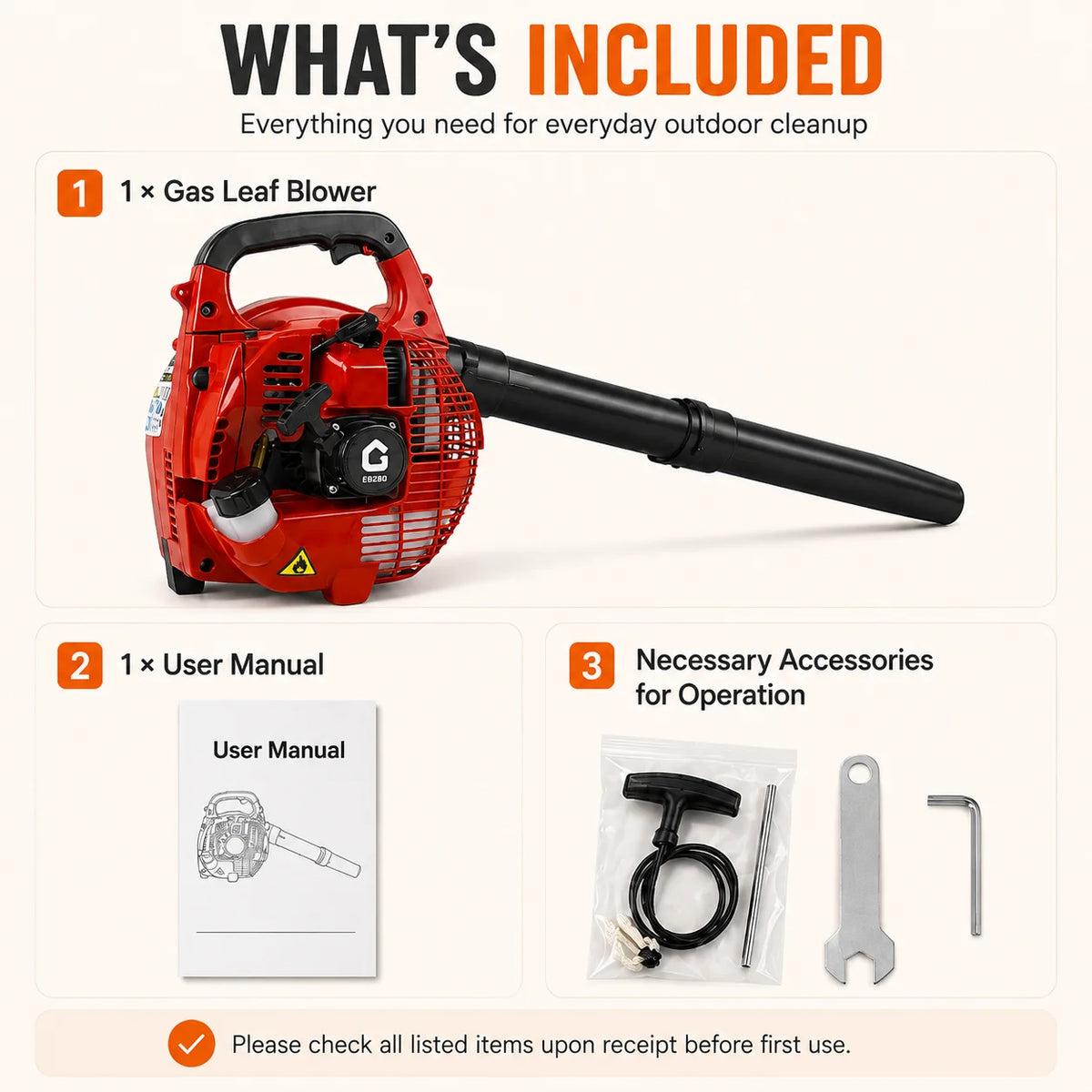 28CC Gas Leaf Blower Handheld 2 Stroke Engine 490CFM 280MPH High Airflow Lightweight Lawn Blower for Yard Garden Driveway Patio Debris Cleaning