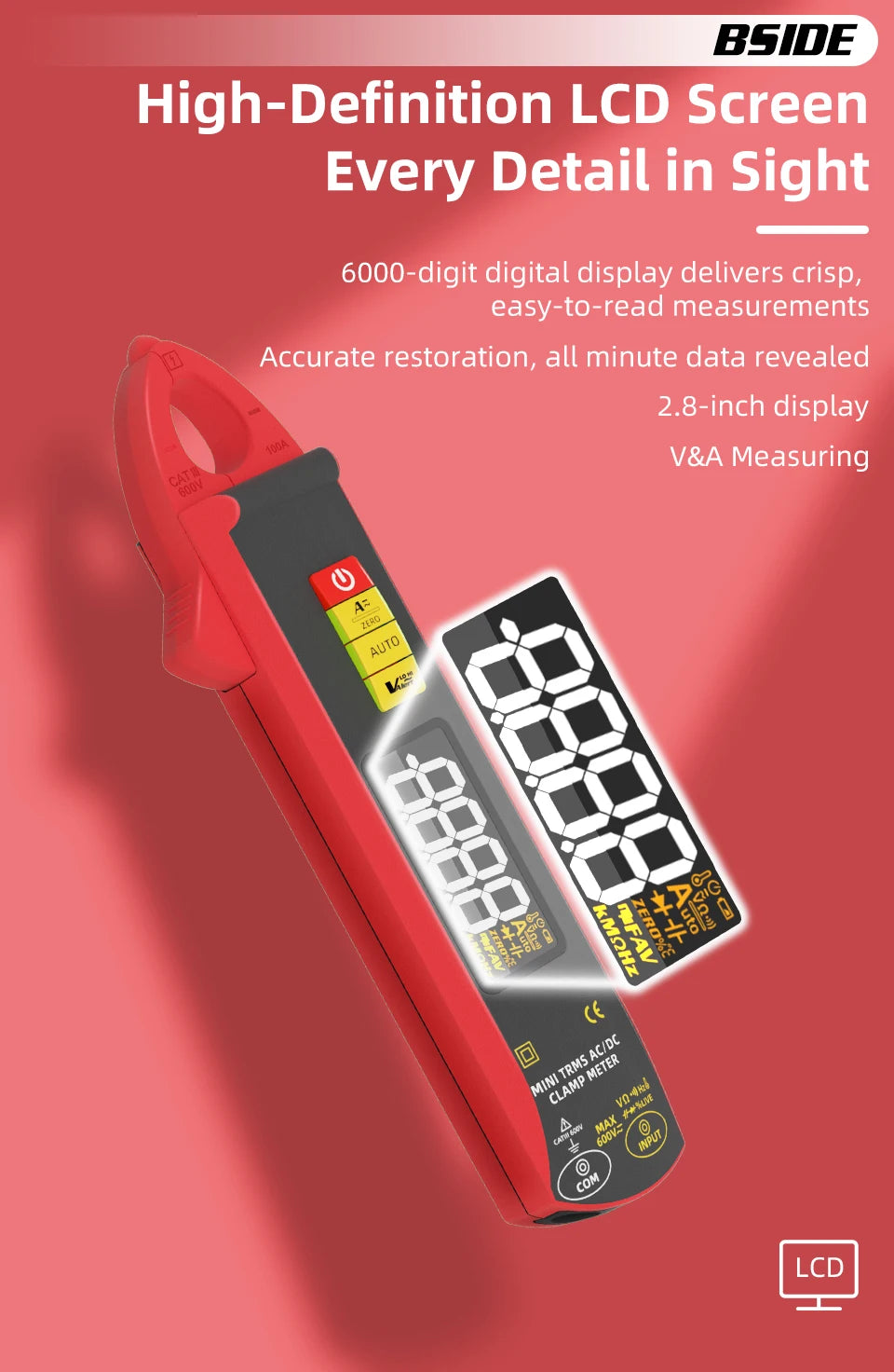 BSIDE Clamp Multimeter True RMS 6000, DC/AC 100A 1mA Auto Current Meter, Intelligent Burn-Proof Digital Clamp Meter for Electricians