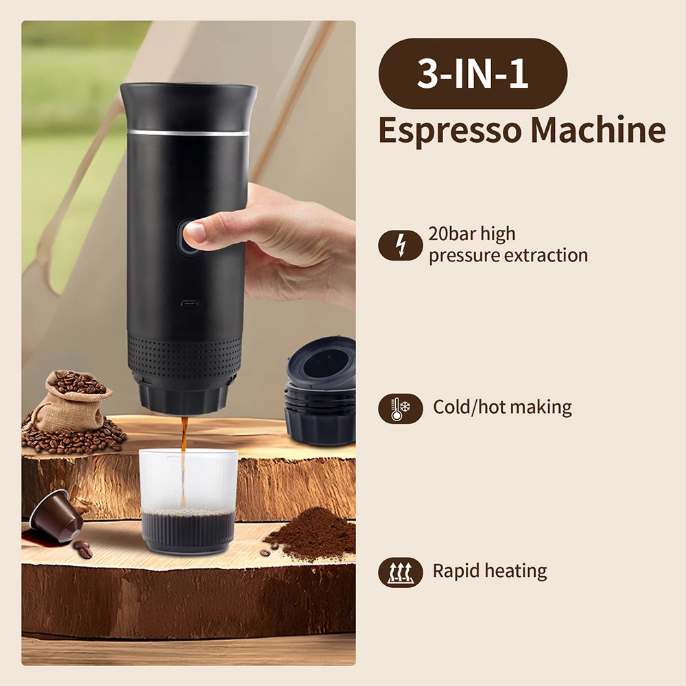 Obecile Portable Wireless Electric Espresso Coffee Machine For Travel &Car &Home Camping Coffee Maker 3-in-1 Capsule Powder Coffee Maker