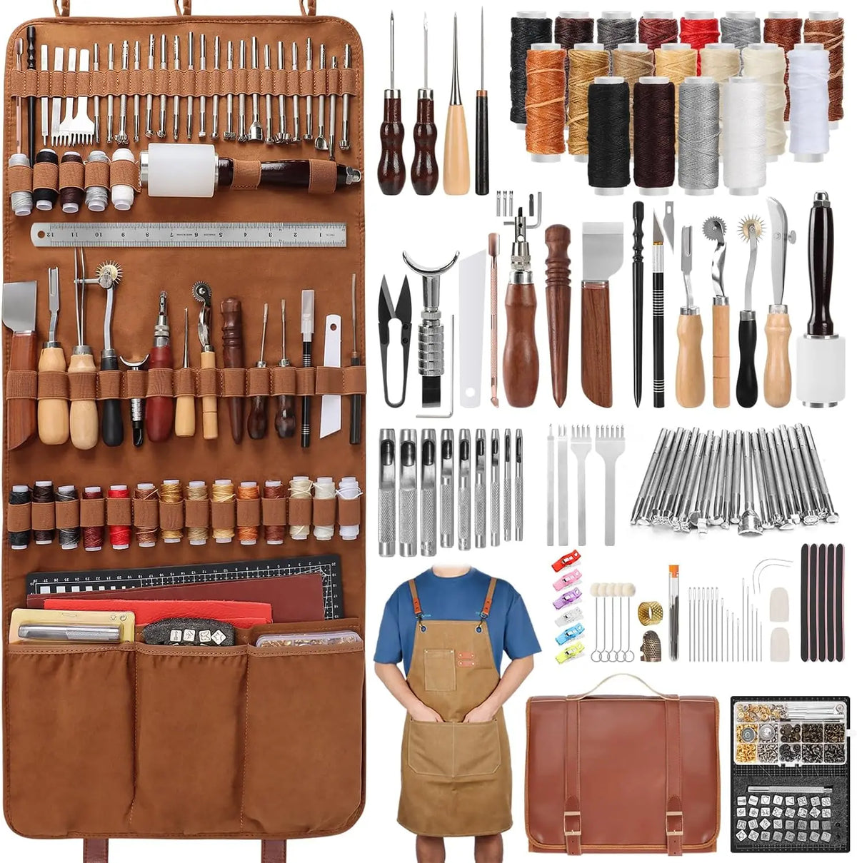 Tanzfrosch Leather Working Tooling Kit All-in-One Set Leatherworking Crafting Tools with Apron Custom Handbag Cutting Mats Stamping Engraving Punching Sewing Sanding Tools for Leather Making Repair Professional