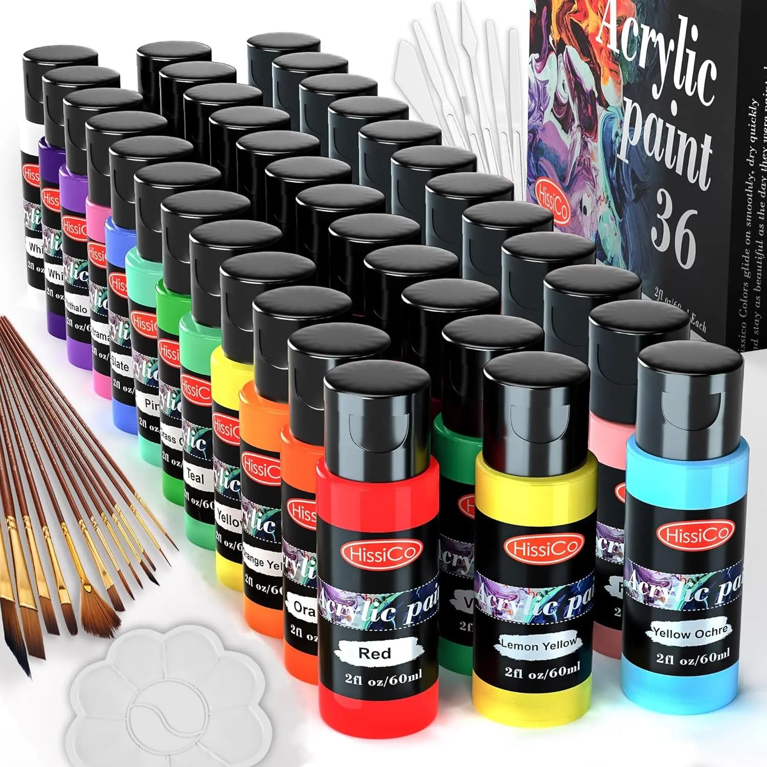 55PCS Acrylic Paint Set with 36 Colors, 60ml Bottles, Paints Brushes for Kids and Artists