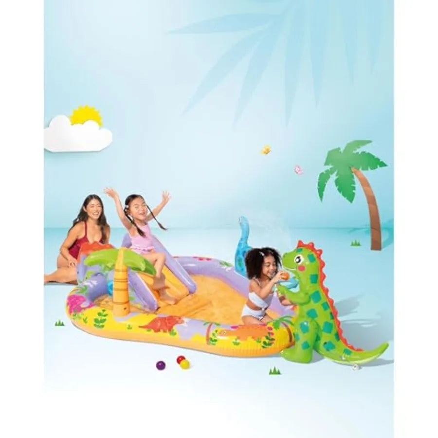 Dino Park Inflatable Kiddie Pool for outdoor play PVC material multi-color includes water sprayer and slide for enhanced play