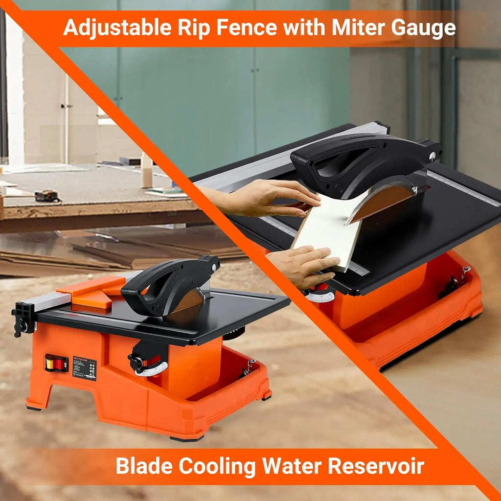 TACKVIEW Wet Tile Saw, 6500 RPM Copper Motor Tile Cutter, 0-45° Bevel Cutting, Built-In Water Tray with Rip Fence, Miter Gauge for Ceramic Stone Tile