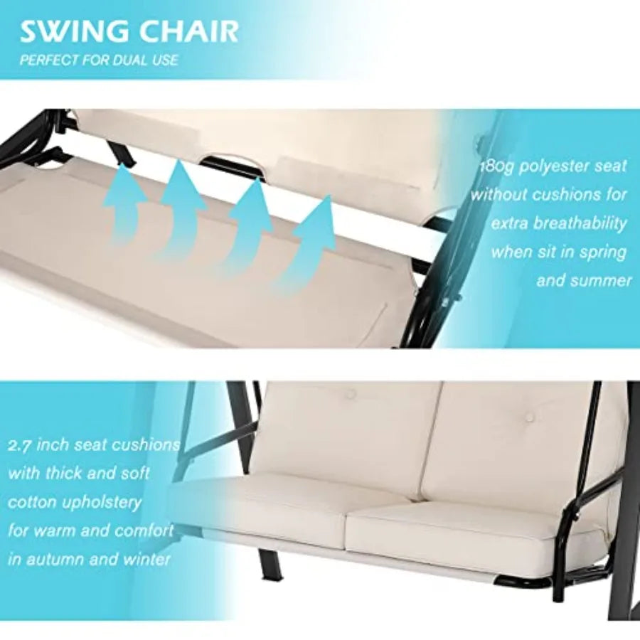 Outdoor Patio Swing Chair for Adults, 2-Seat Porch Swing with Adjustable Canopy, Outside Swing Bench with Removable Cushion,