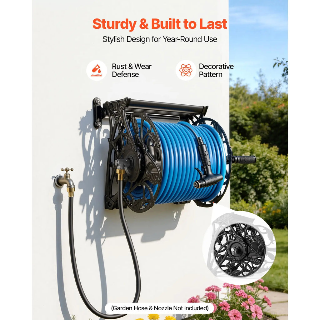 Wall Mounted Garden Hose Reel, Holds 135 Feet of 5/8-inch Hose, Outdoor Heavy-Duty Waterhose Holder Winder, with Widened Top Tray, Aluminum Alloy Connector, Decorative Pattern, for Backyards