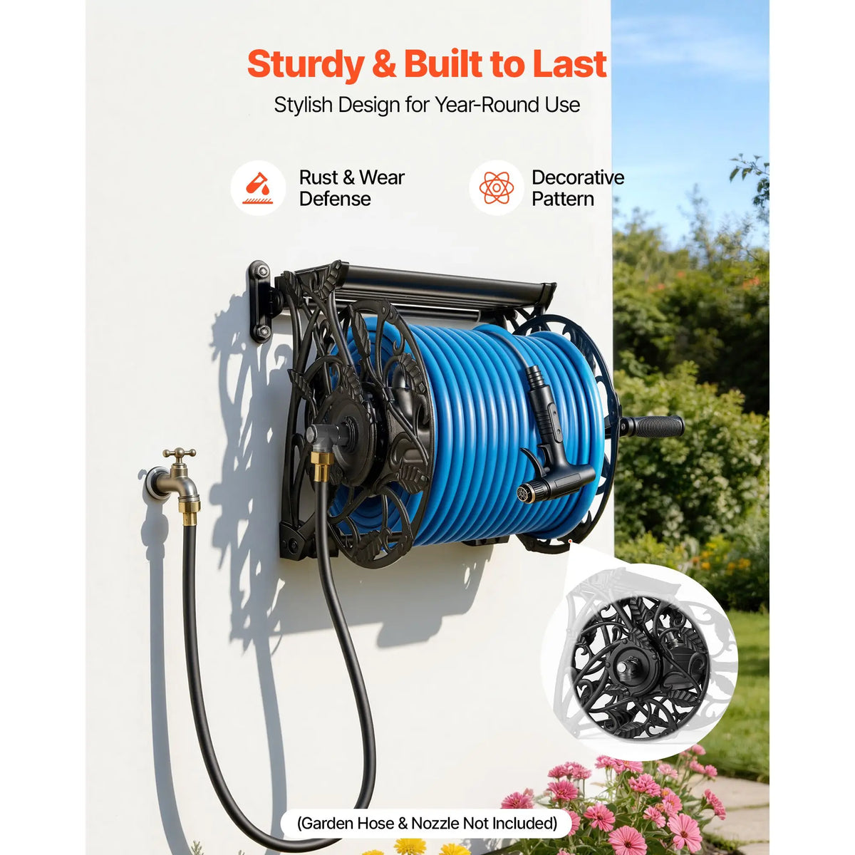 Wall Mounted Garden Hose Reel, Holds 135 Feet of 5/8-inch Hose, Outdoor Heavy-Duty Waterhose Holder Winder, with Widened Top Tray, Aluminum Alloy Connector, Decorative Pattern, for Backyards