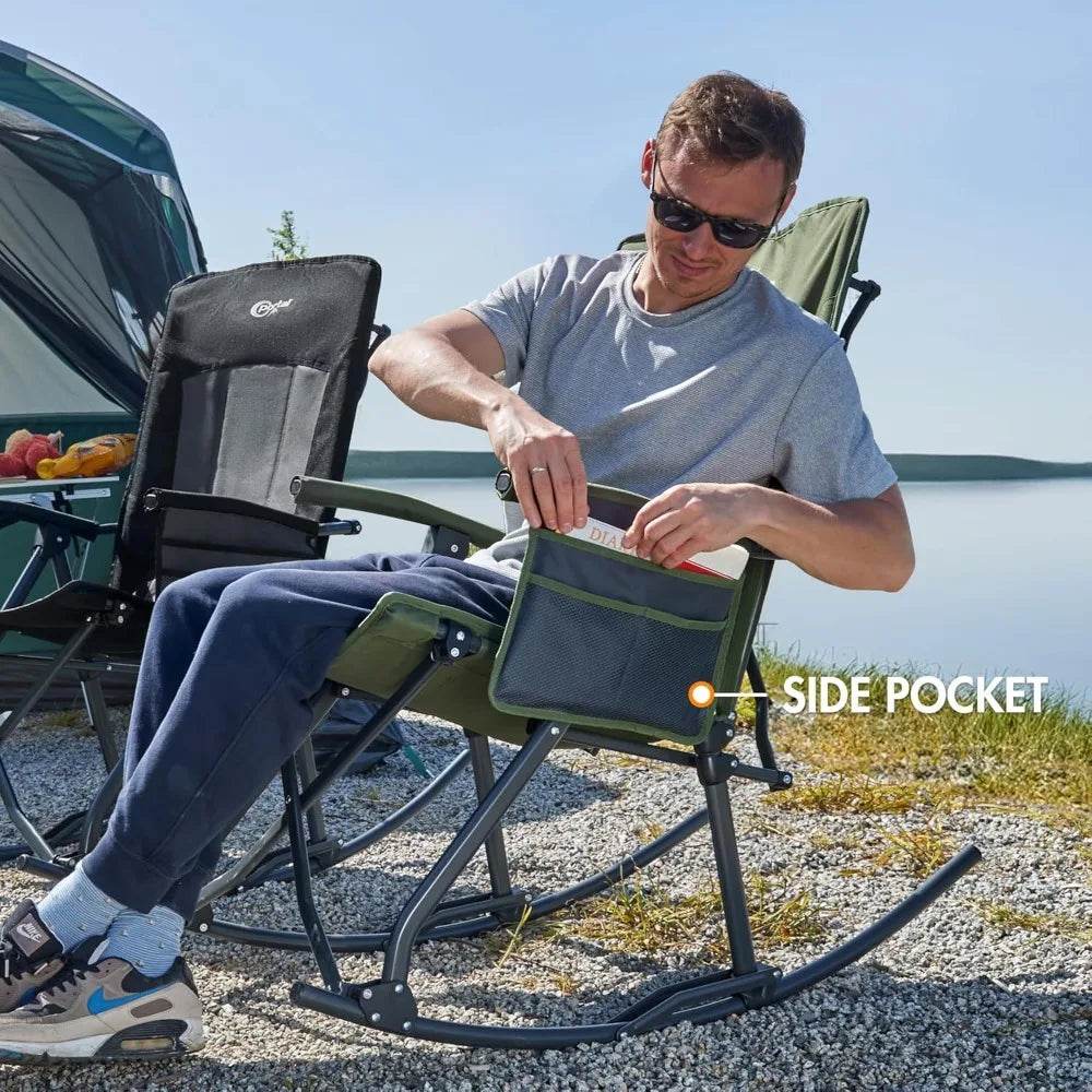 Portal Oversized Folding Rocking Camping Chair Portable Outdoor Rocker with High Back Hard Armrests Carry Bag Supports 400 lbs