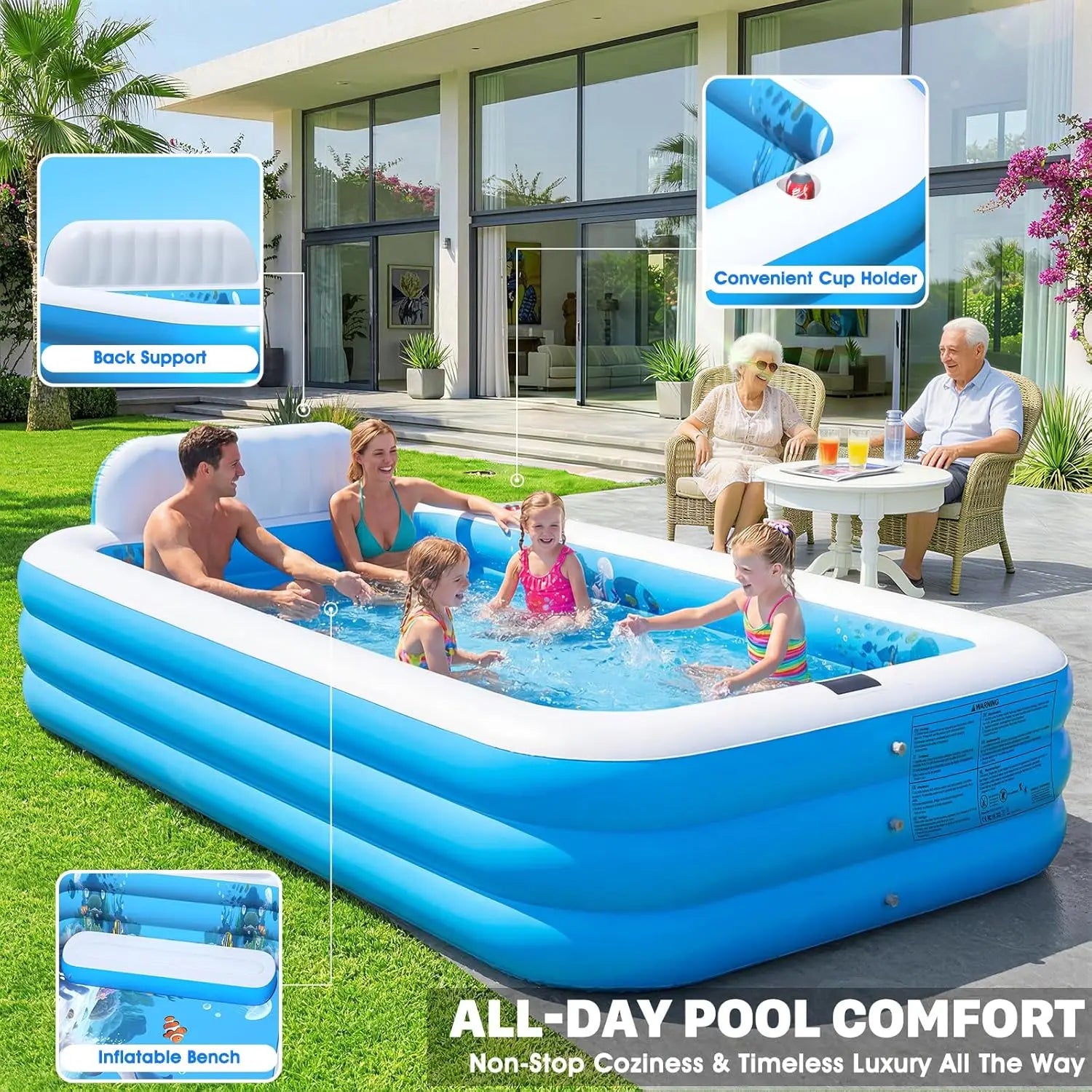 120x73x20in Inflatable Pool with Solar LED Lights, 3D Ocean Theme, for Adults & Kids