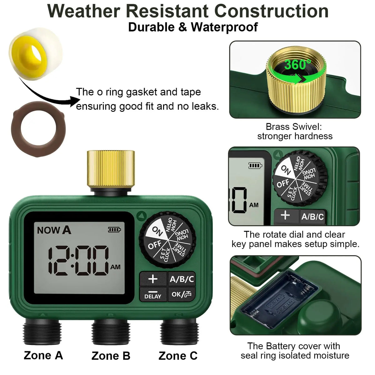 3-Zone Programmable Sprinkler Timer, Automatic Irrigation System with Rain Delay & Manual Watering, Brass Inlet Controller for Garden & Lawn