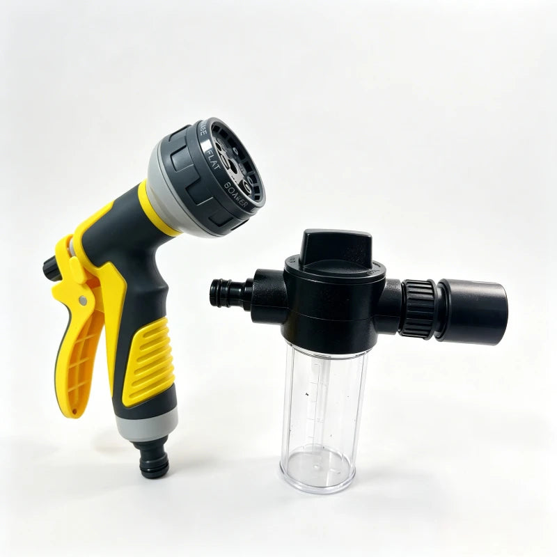 8 Spray Modes Garden Hose Spray Gun with Transparent Soap Dispenser Bottle, Adjustable High Pressure Water Nozzle, Anti-slip Handheld Water Sprayer for Car Washing, Pet Bathing, Garden Watering, 2 Colors Optional
